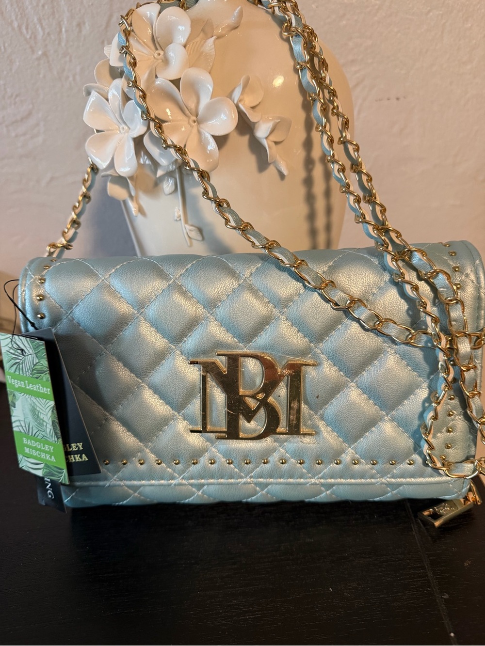 Badgley Mischka Quilted Pale Blue Chain Crossbody with Gold Logo